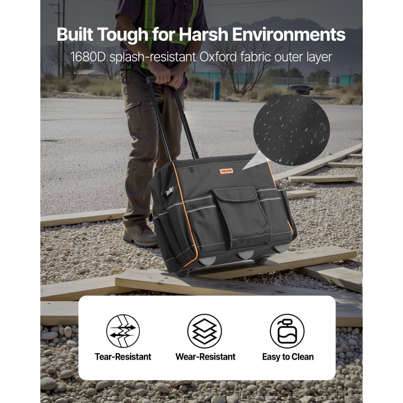 Pyörällinen työkalulaukku 1680D/600D polyesteri 50 kg kantokyky 25 taskua säädettävä teleskooppikahva