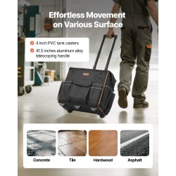 Pyörällinen työkalulaukku 1680D/600D polyesteri 50 kg kantokyky 25 taskua säädettävä teleskooppikahva