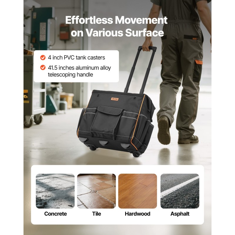 Pyörällinen työkalulaukku 1680D/600D polyesteri 50 kg kantokyky 25 taskua säädettävä teleskooppikahva