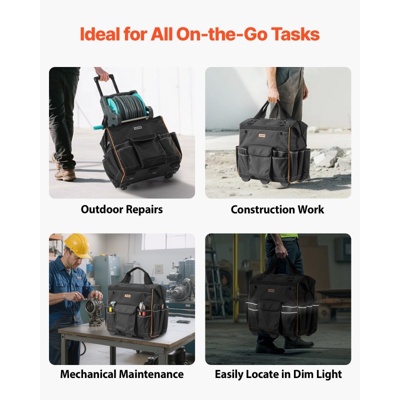 Pyörällinen työkalulaukku 1680D/600D polyesteri 50 kg kantokyky 25 taskua säädettävä teleskooppikahva