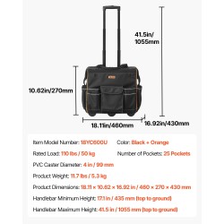 Pyörällinen työkalulaukku 1680D/600D polyesteri 50 kg kantokyky 25 taskua säädettävä teleskooppikahva