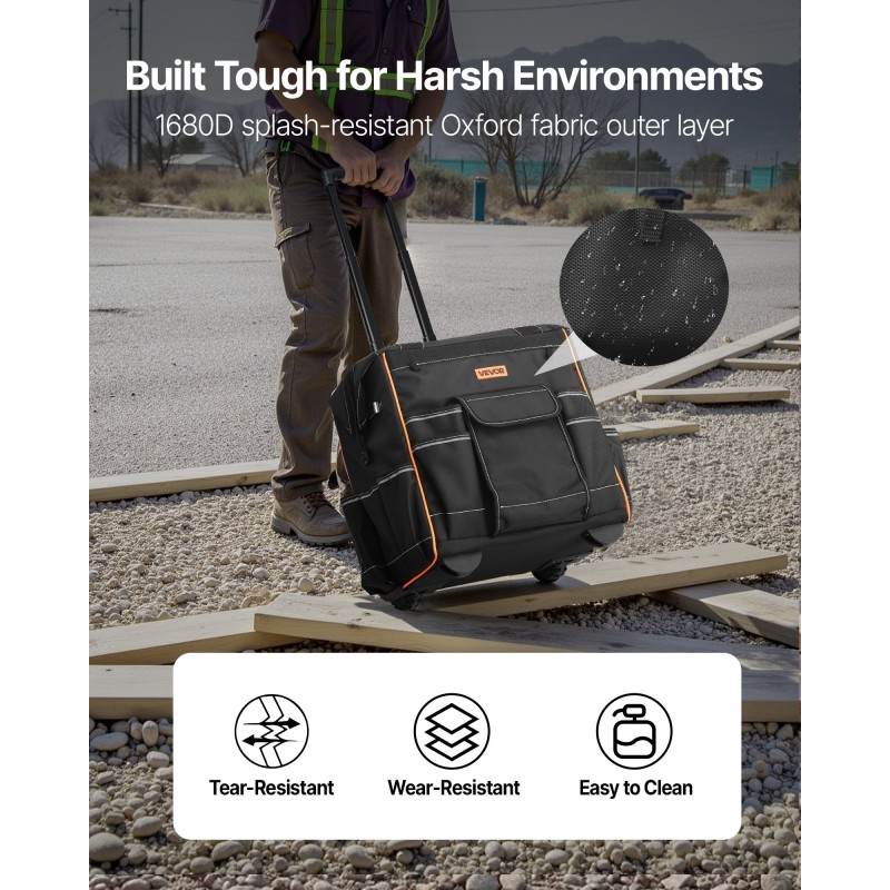 Pyörällinen työkalulaukku 1680D polyesteri 25 taskua säädettävä teleskooppikahva 50 kg kantavuus