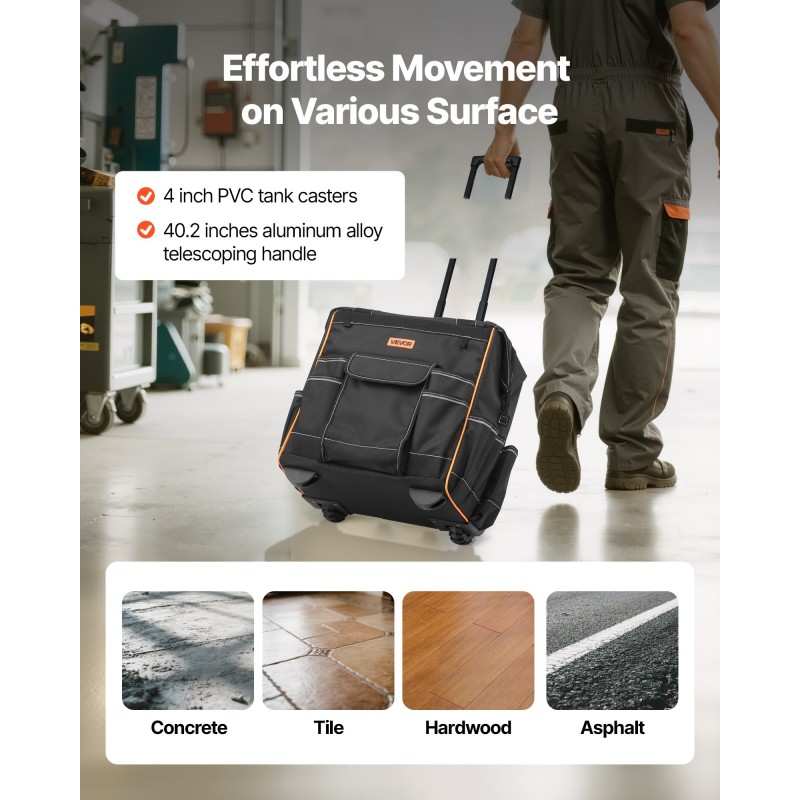 Pyörällinen työkalulaukku 1680D polyesteri 25 taskua säädettävä teleskooppikahva 50 kg kantavuus