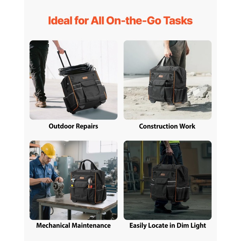 Pyörällinen työkalulaukku 1680D polyesteri 25 taskua säädettävä teleskooppikahva 50 kg kantavuus