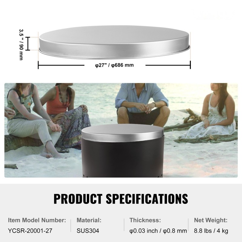 Tulisijan kansi ruostumatonta terästä pyöreä 27 tuumaa ulkotulisijoille