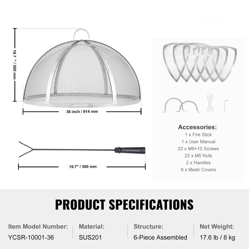 Kipinäsuoja ruostumattomasta teräksestä halkaisija 914 mm tiheä verkkorakenne 6-osainen ulkotulisijoihin
