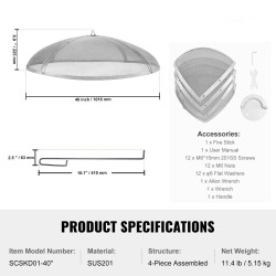 Pyöreä kipinäsuoja tulisijalle ruostumattomasta teräksestä 40 tuumaa rengaskahvalla