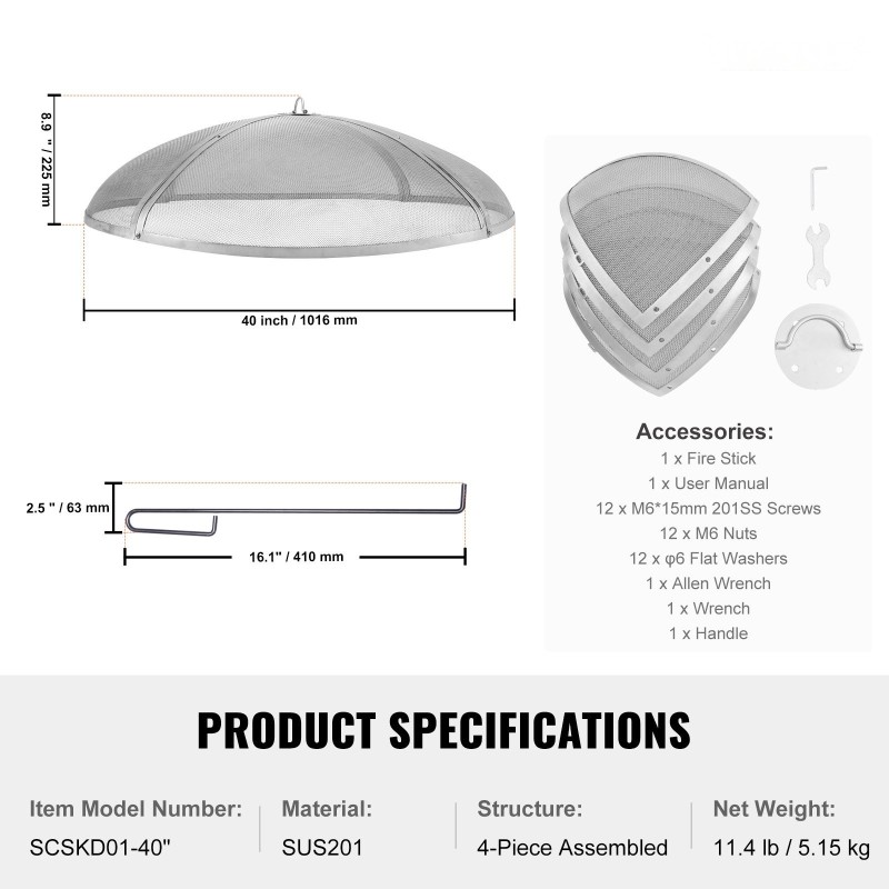 Pyöreä kipinäsuoja tulisijalle ruostumattomasta teräksestä 40 tuumaa rengaskahvalla