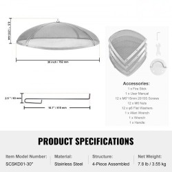 Pyöreä kipinäsuoja ruostumatonta terästä 30 tuuman tulipesiin rengaskahvalla