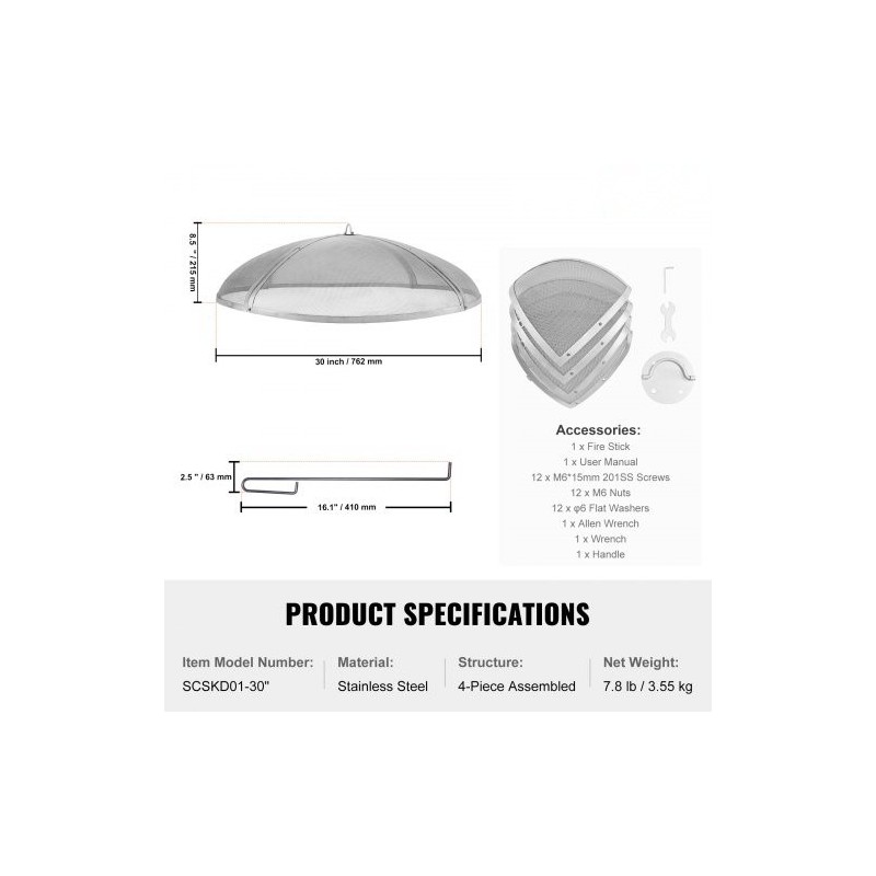 Pyöreä kipinäsuoja ruostumatonta terästä 30 tuuman tulipesiin rengaskahvalla