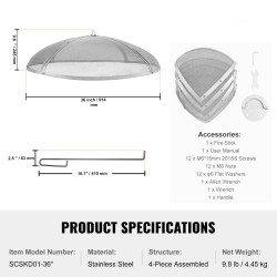 Kipinäsuoja tulipesälle ruostumattomasta teräksestä halkaisija 914 mm rengaskahva neliosainen