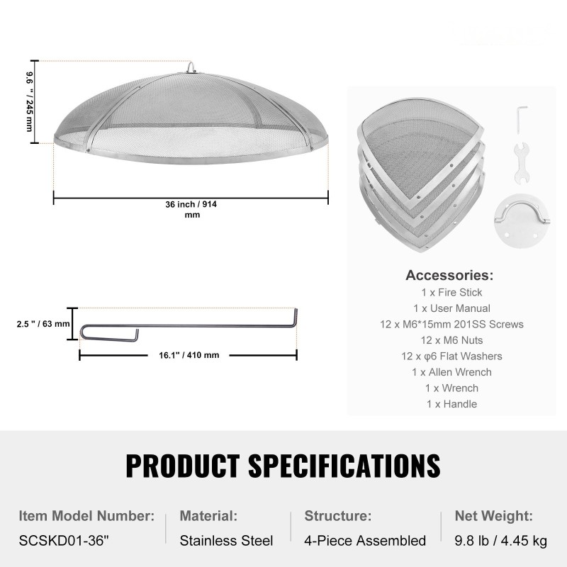 Kipinäsuoja tulipesälle ruostumattomasta teräksestä halkaisija 914 mm rengaskahva neliosainen