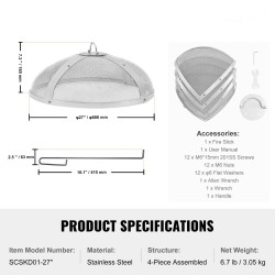 Pyöreä kipinäsuoja tulipesälle ruostumatonta terästä 27 tuuman halkaisijalla rengaskahvalla koottava