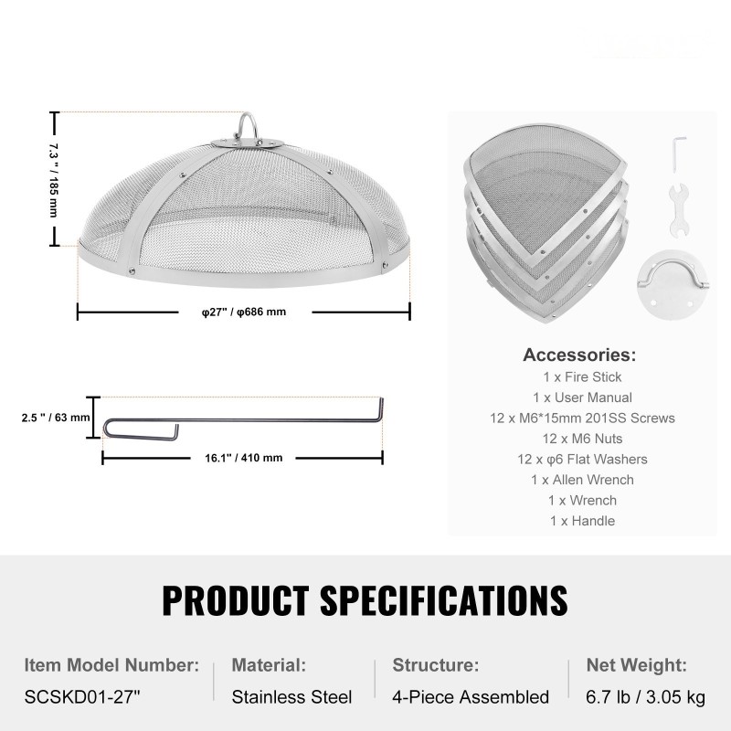 Pyöreä kipinäsuoja tulipesälle ruostumatonta terästä 27 tuuman halkaisijalla rengaskahvalla koottava