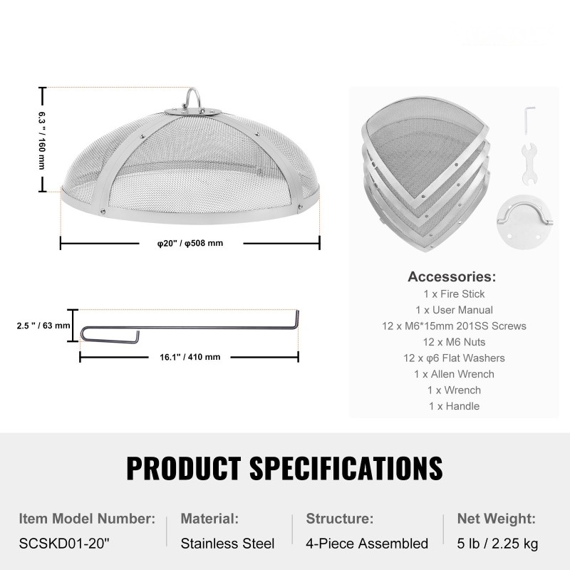 Pyöreä 20 tuuman kipinäsuoja ruostumatonta terästä renkaankahvalla