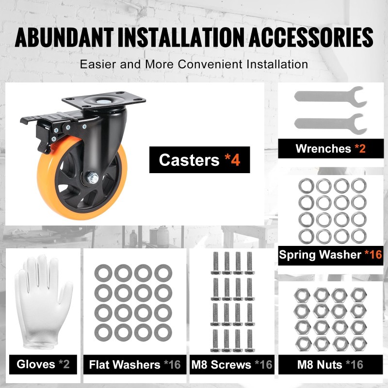 Kääntöpyörät PVC 127 mm 4 kpl 204 kg kantavuus A/B-lukitus jälkiä jättämättömät