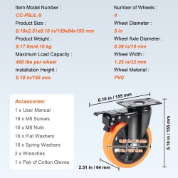 Kääntöpyörät PVC 127 mm 4 kpl 204 kg kantavuus A/B-lukitus jälkiä jättämättömät
