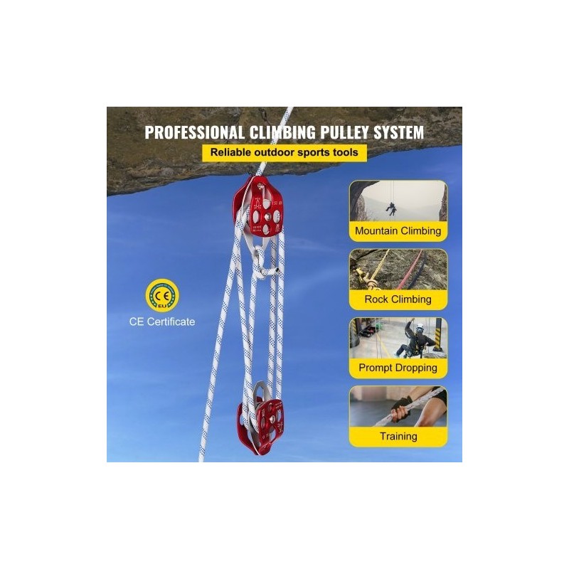 Kaksoisvetopyörä taljasarja taottu alumiini polyesteriköysi 12 mm 30 m 35 kN