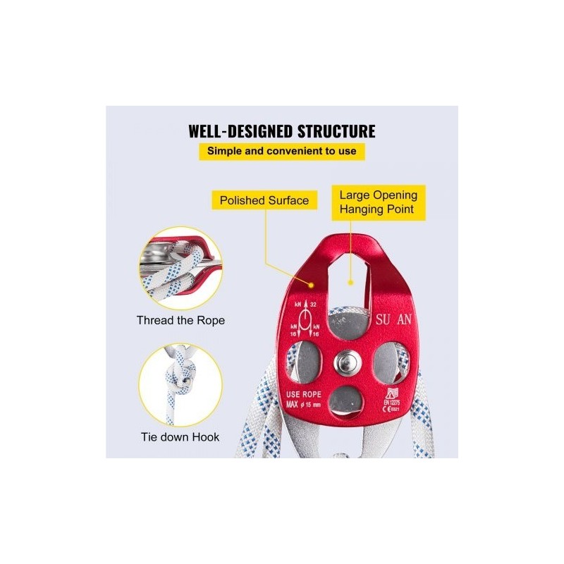 Kaksoisvetopyörä taljasarja taottu alumiini polyesteriköysi 12 mm 30 m 35 kN