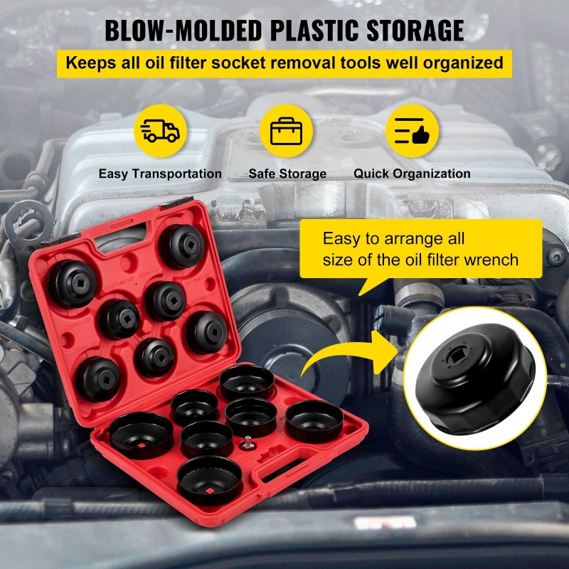 Öljynsuodatin hylsysarja teräs 14-osainen matalaprofiilinen sisältää sovittimen ja säilytyslaukun