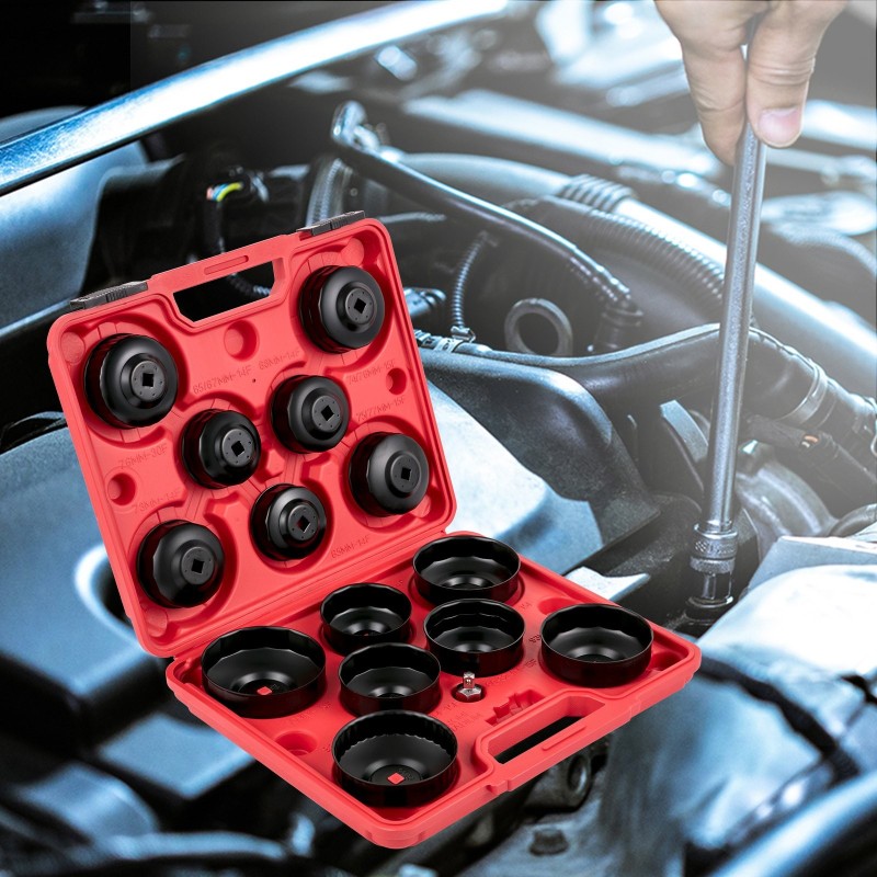 Öljynsuodatin hylsysarja teräs 14-osainen matalaprofiilinen sisältää sovittimen ja säilytyslaukun