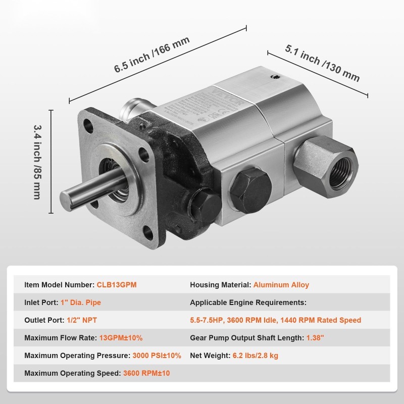 Hydraulinen hammaspyöräpumppu alumiiniseos 13GPM 3000PSI 1 tuuman sisääntulo 1/2 tuuman NPT ulostulo