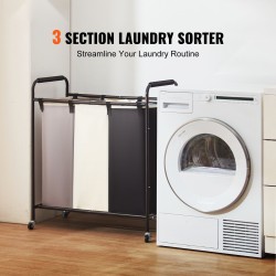 Pyykkikärry kolmiosainen metallirunko vahvat kangaspussit lukittavat pyörät