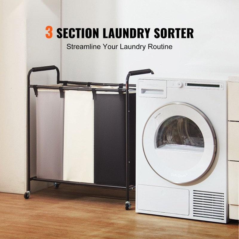 Pyykkikärry kolmiosainen metallirunko vahvat kangaspussit lukittavat pyörät