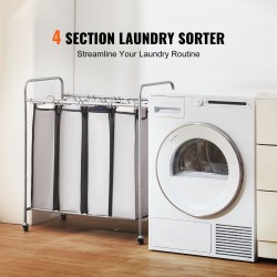 Pyykkilajittelukärry neljällä irrotettavalla kangaspussilla rautarunko lukittavat pyörät