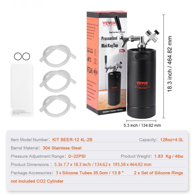 Minitynnyri 4L ruostumaton teräs paineistettu hanalla paineensäätimellä ja painemittarilla vuotamattomalla tiivistyksellä