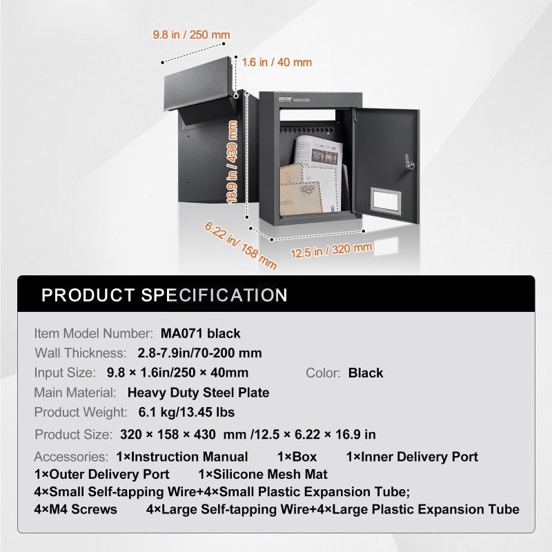 Seinäasennettava läpivientipostilaatikko jauhemaalattu teräs 320×158×430 mm musta koodilukolla