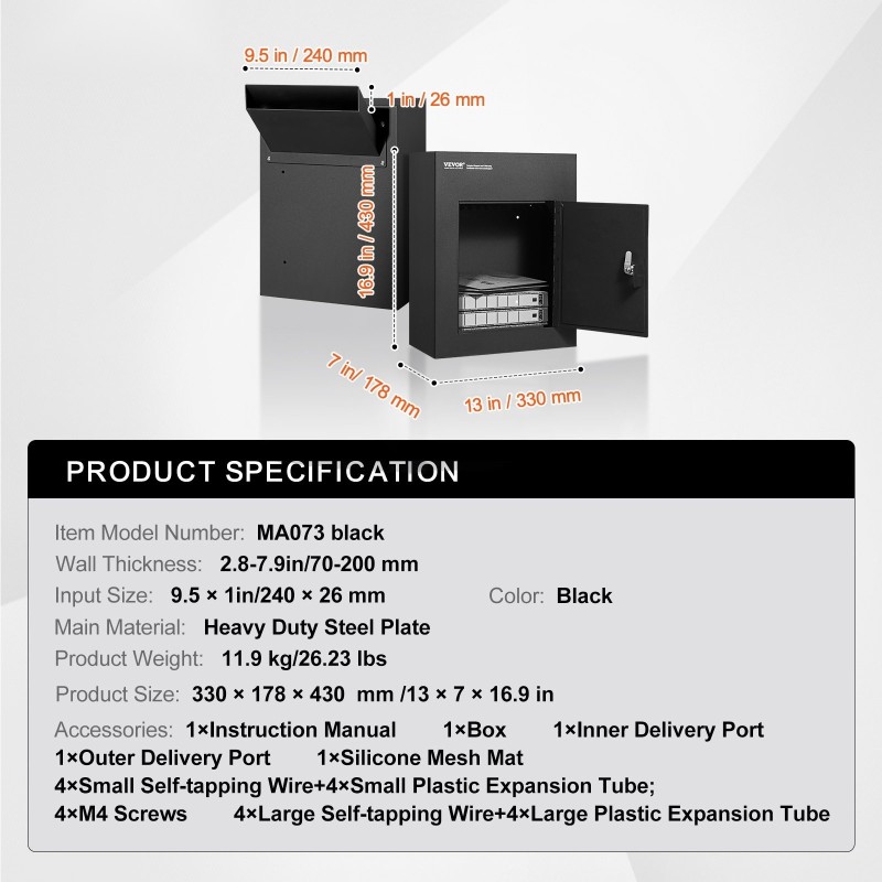 Läpivientipostilaatikko raskasta teräslevyä 330×178×430 mm musta yhdistelmälukolla säänkestävä