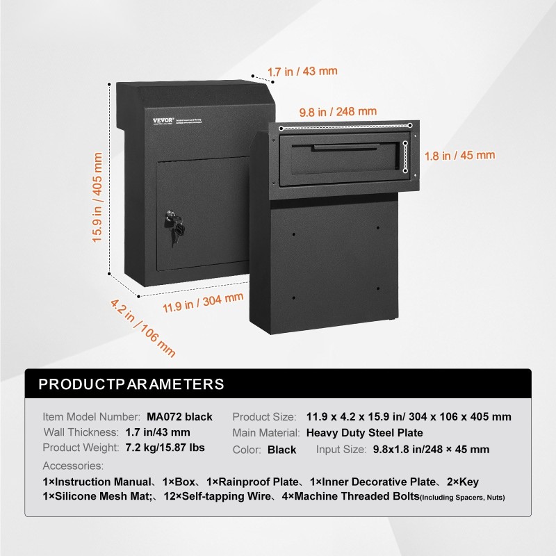 Oven läpi asennettava lukittava avain ja postilaatikko raskas teräslevy 304×150×405mm musta