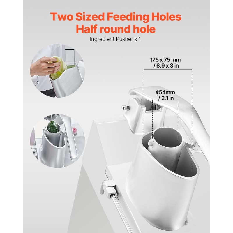 Elintarvikekone vihannesleikkuri ruostumatonta terästä ja alumiinia 2 syöttöaukkoa 6 irrotettavaa terää