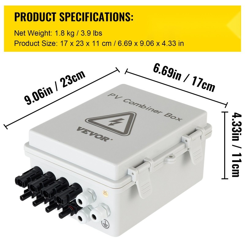 Aurinkopaneelien yhdistelmärasia ABS muovi IP65 4 tuloa 15A sulakkeet 63A tasavirtakatkaisija