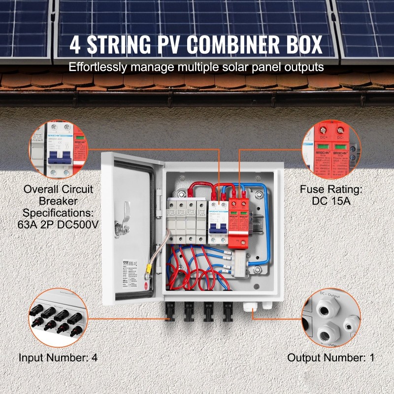 PV-yhdistinkotelo teräskotelo 4 tuloa 1 lähtö IP65 15A sulake 63A pääkytkin
