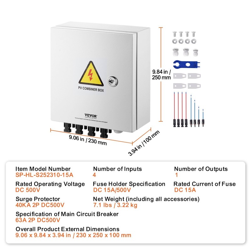 PV-yhdistinkotelo teräskotelo 4 tuloa 1 lähtö IP65 15A sulake 63A pääkytkin
