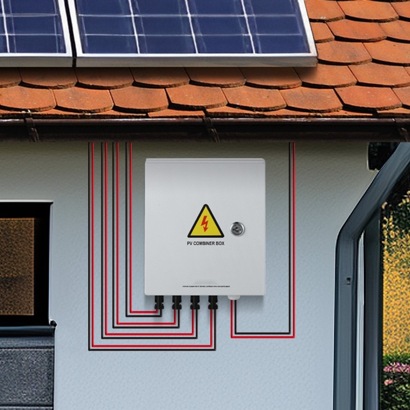 PV-yhdistinkotelo teräskotelo 4 tuloa 1 lähtö IP65 15A sulake 63A pääkytkin