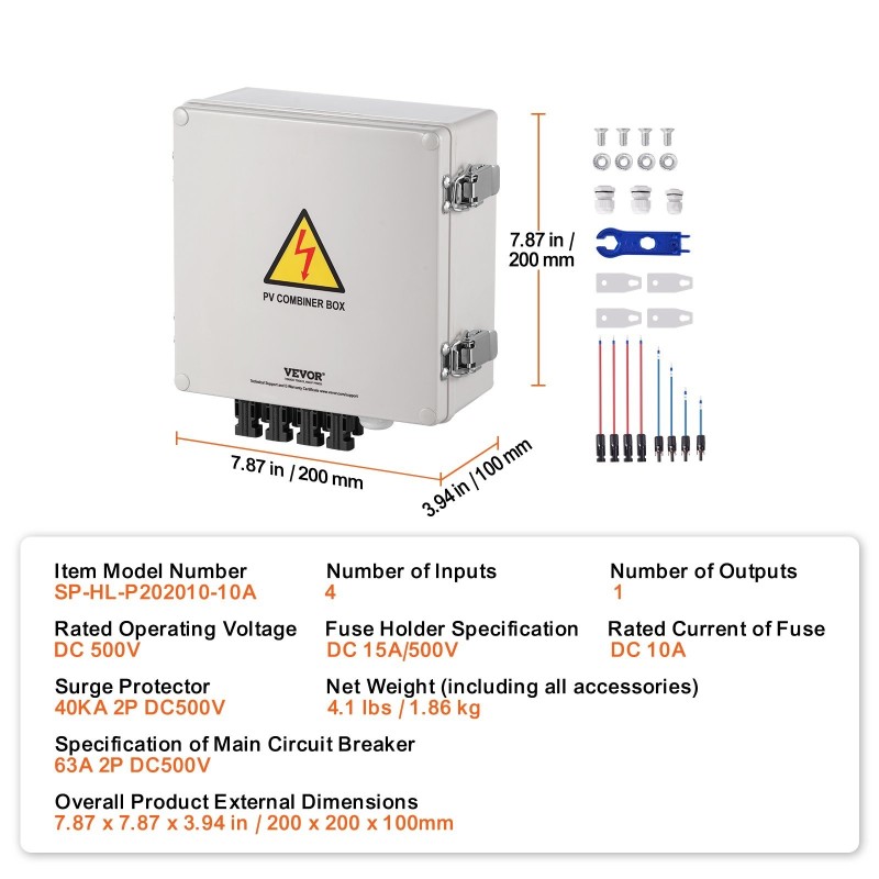 Yhdistinkotelo aurinkopaneeleille ABS-muovi 4 sisääntuloa 1 ulostulo 10A sulakkeet 63A pääkytkin IP65