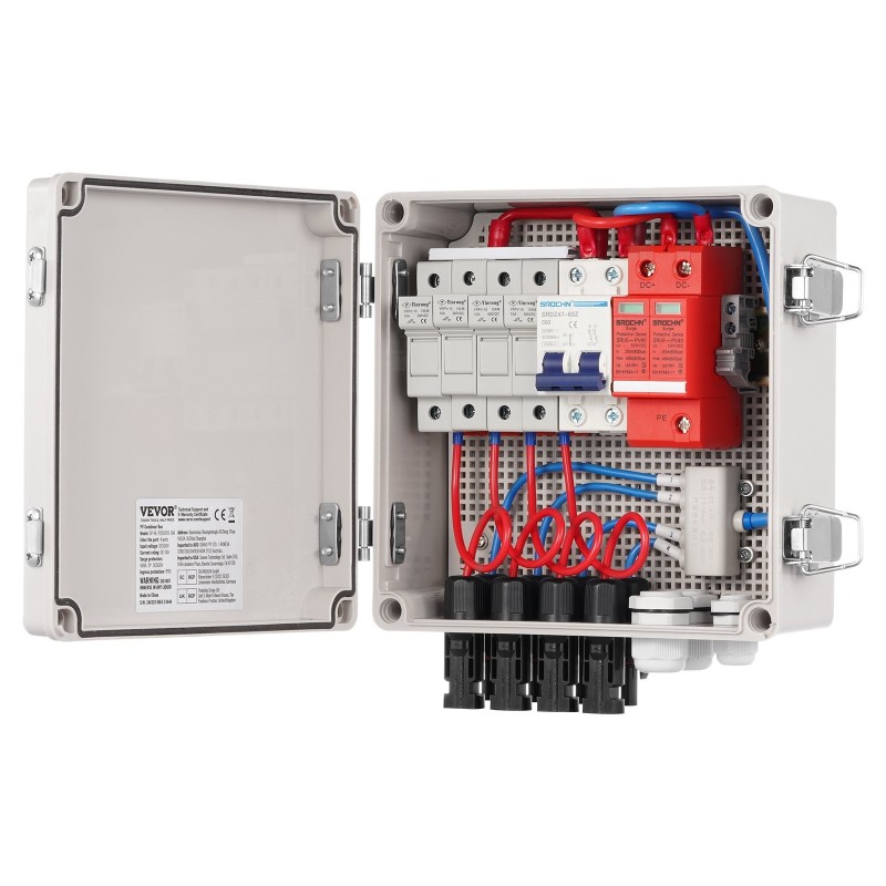 Yhdistinkotelo aurinkopaneeleille ABS-muovi 4 sisääntuloa 1 ulostulo 10A sulakkeet 63A pääkytkin IP65