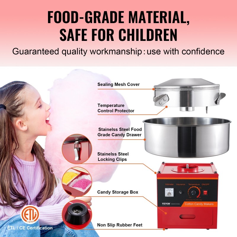 Sähkökäyttöinen hattarakone 1000W elintarvikelaatuluokan ruostumaton teräskulho 6 hattaraa minuutissa punainen