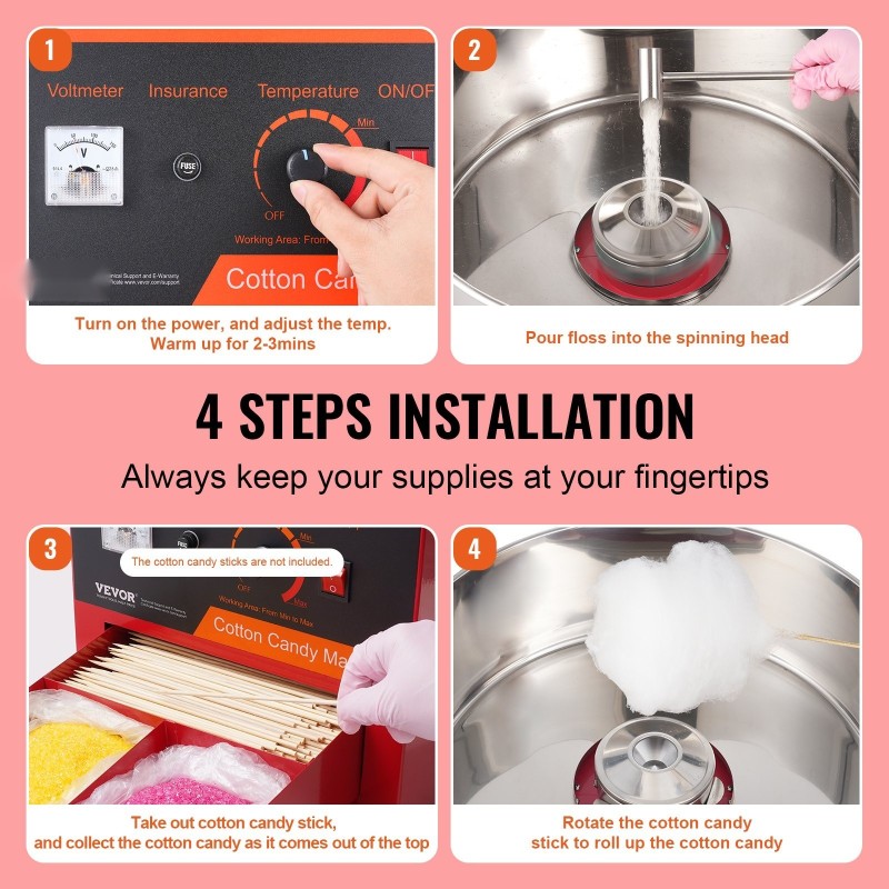 Sähkökäyttöinen hattarakone 1000W elintarvikelaatuluokan ruostumaton teräskulho 6 hattaraa minuutissa punainen