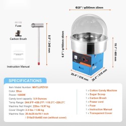 Sähköinen sininen hattarakone 1000 W ruostumattomalla teräskulholla suojakannella noin 6 hattaraa minuutissa