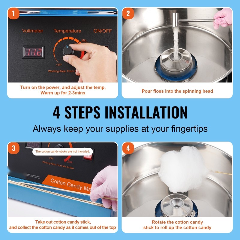 Sähkökäyttöinen hattarakone 1000W ruostumaton teräskulho suojakuvulla sokerimittalla kodin ja pieniin tapahtumiin