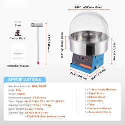 Sähkökäyttöinen hattarakone 1000W ruostumaton teräskulho suojakuvulla sokerimittalla kodin ja pieniin tapahtumiin