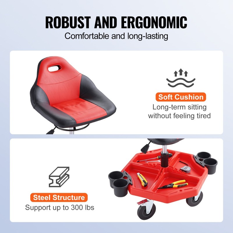 Rullaava korjaamotuoli teräsrunko pehmustettu istuin säilytyslokerolla säädettävä korkeus 685–805 mm