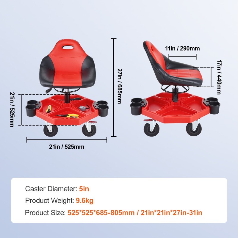 Rullaava korjaamotuoli teräsrunko pehmustettu istuin säilytyslokerolla säädettävä korkeus 685–805 mm