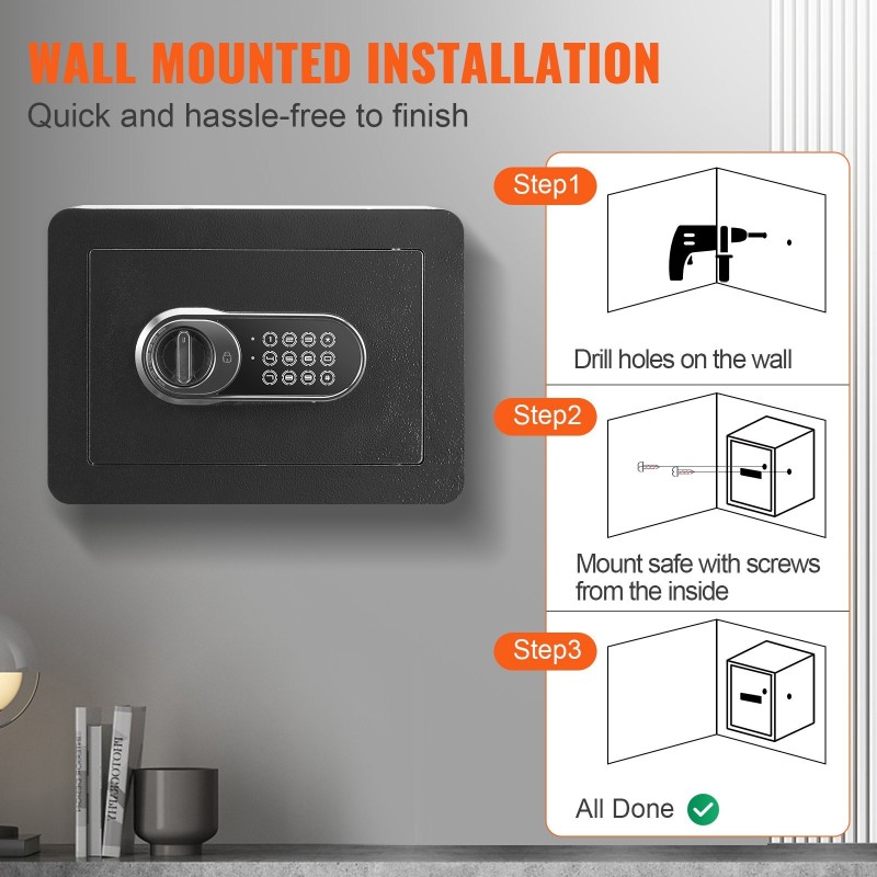 Kylmävalssattu hiiliteräs turvakaappi 14,2 litraa seinään kiinnitettävä digitaalilukko ja kaksi avainta