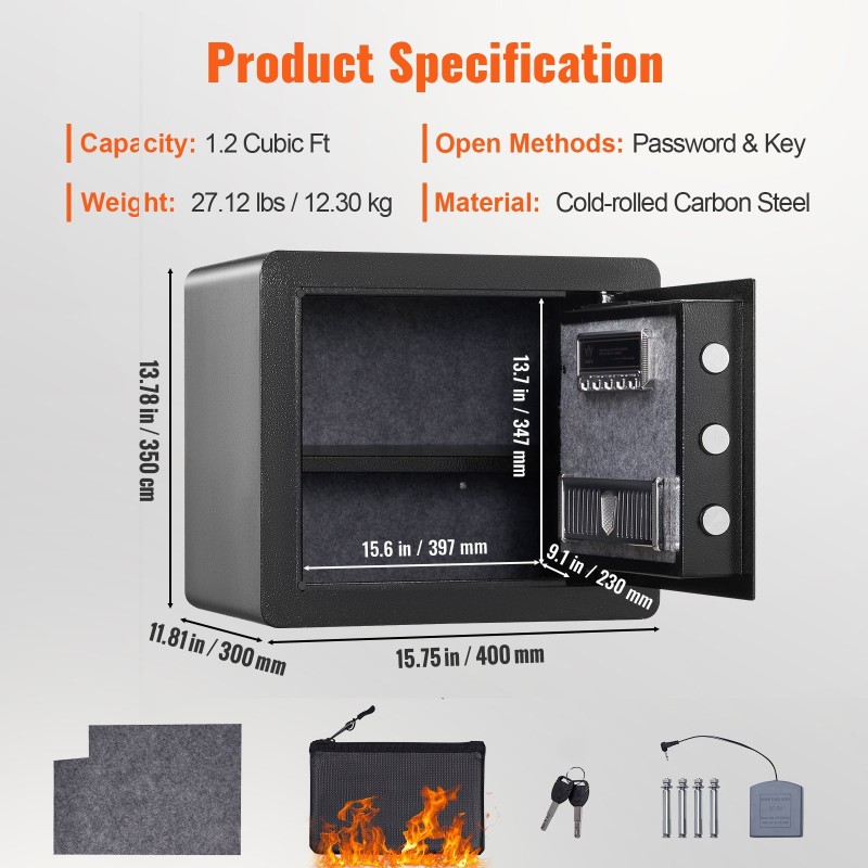 Kassakaappi kylmävalssatusta hiiliteräksestä 33,9 l digitaalinen numerolukko 2 mekaanista avainta palonkestävä pussi