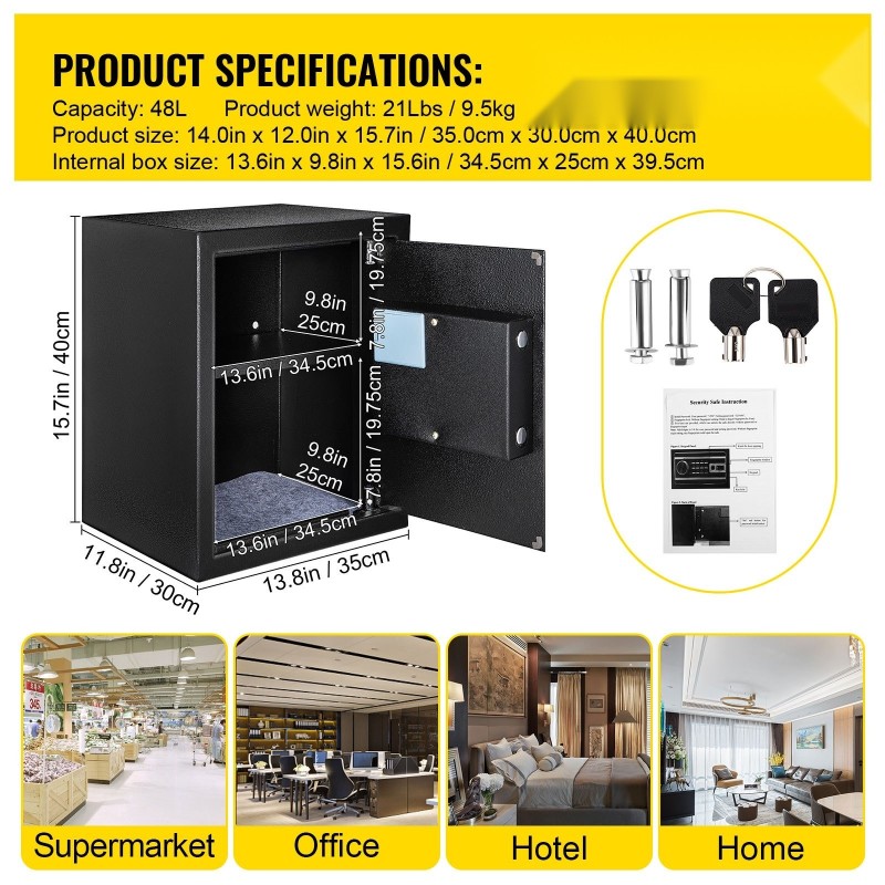 Kassakaappi Q235 teräs 0,048 m³ paloturvallinen musta sormenjälkilukolla digitaalinäppäimistöllä seinäkiinnitys irrotettava